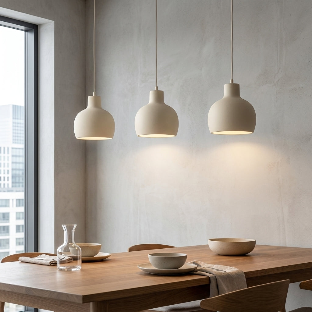 pendants hanging over a modern kitchen table