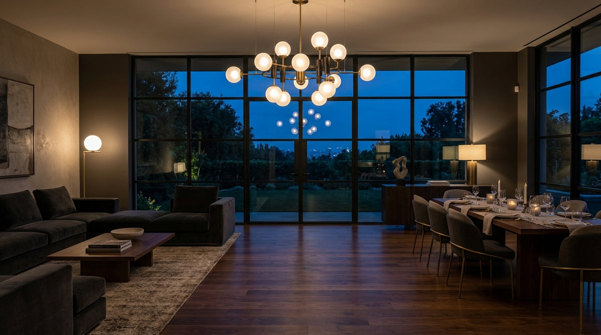 Luxury living room and dining area lit by a modern chandelier