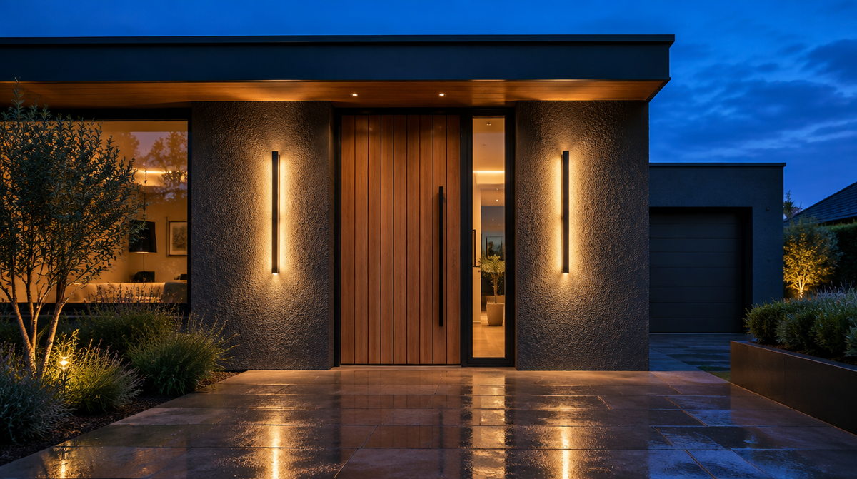Modern house entrance at blue hour with warm 3000K vertical linear outdoor wall lights washing a charcoal render wall and timber door