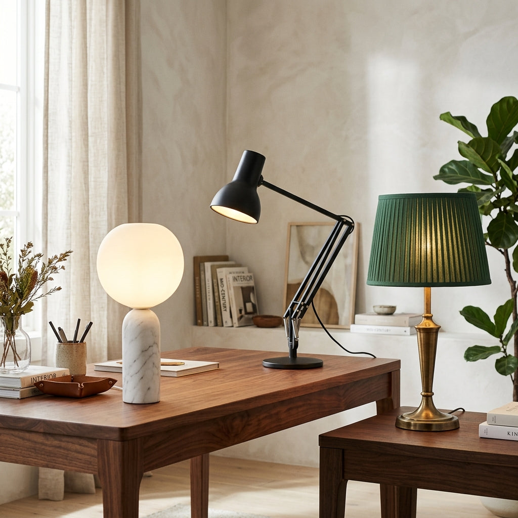 Table and desk lamps collection featuring a marble globe lamp, a black adjustable task lamp, and a brass lamp with a green pleated shade on wooden desks.