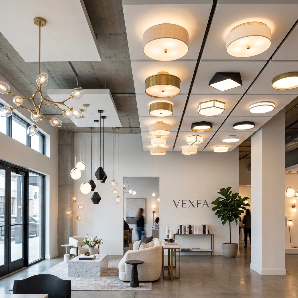 Modern ceiling lights showroom displaying pendants and chandeliers