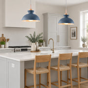 Alken blue dome pendant light in a modern British minimalist kitchen