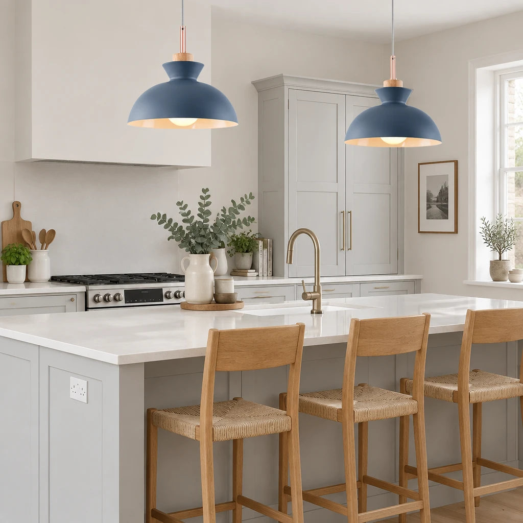 Alken blue dome pendant light in a modern British minimalist kitchen