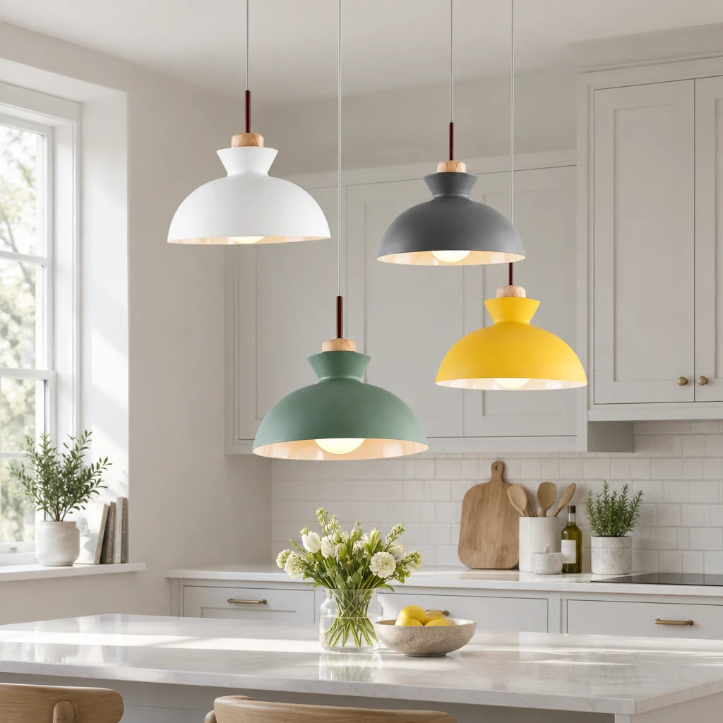 Alken dome pendant lights in four colourways in a modern British minimalist kitchen