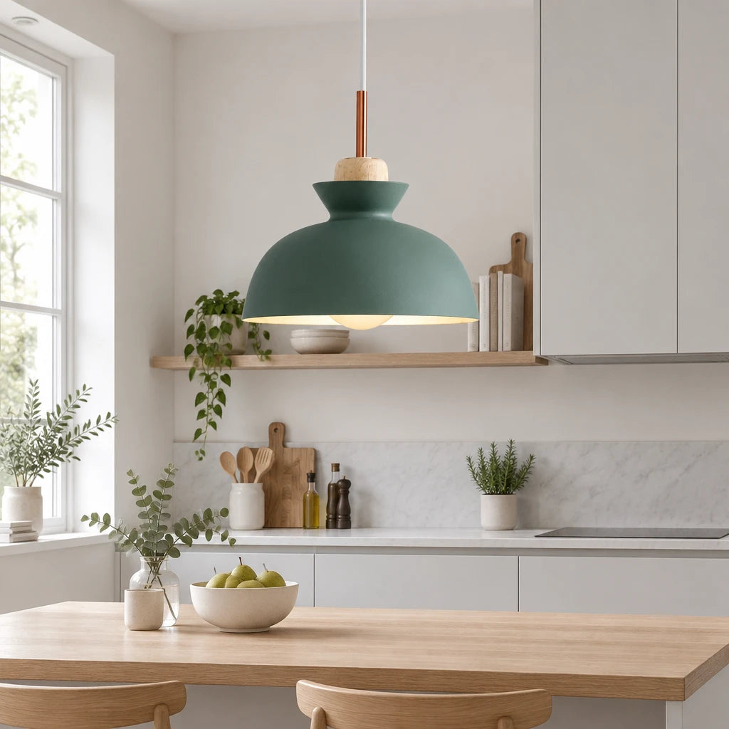 Alken dark green dome pendant light in a modern British minimalist kitchen