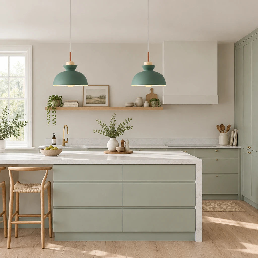 Two Alken green dome pendant lights above a kitchen island in a modern British minimalist home