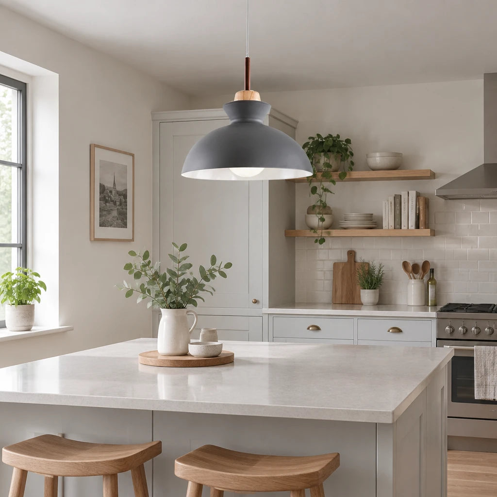 Alken grey dome pendant light in a modern British minimalist kitchen