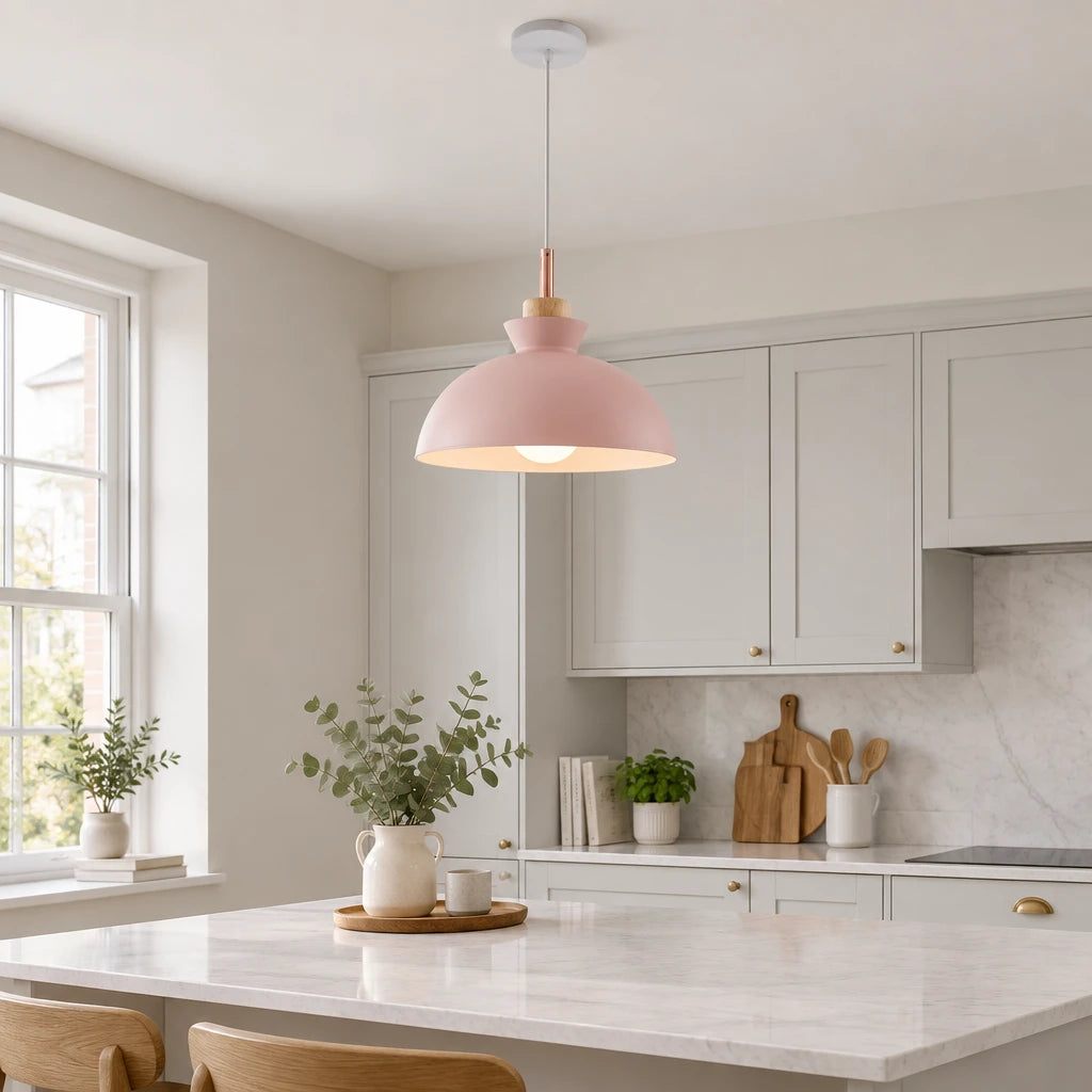 Alken pink dome pendant light in a modern British minimalist kitchen