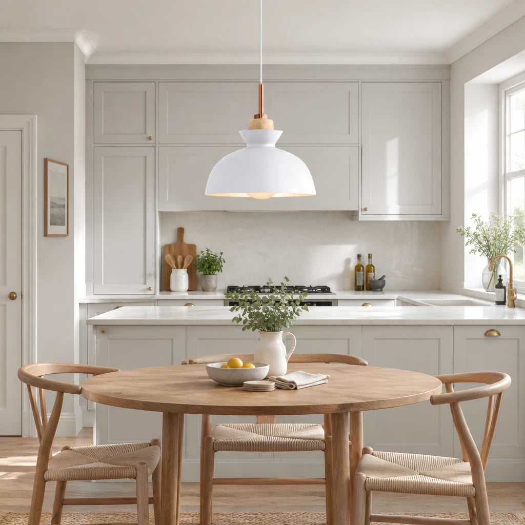 Alken white dome pendant light in a modern British minimalist dining room