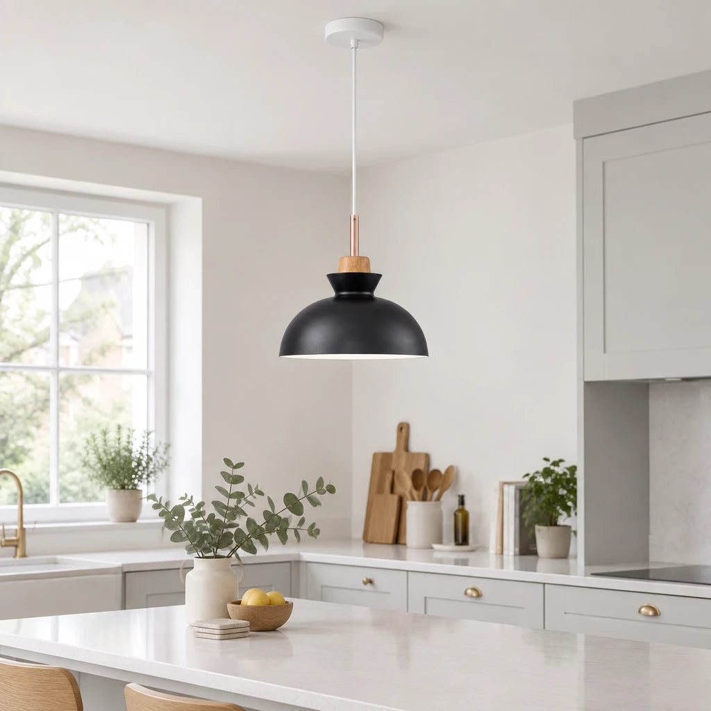 Alken yellow dome pendant light in a modern British minimalist kitchen