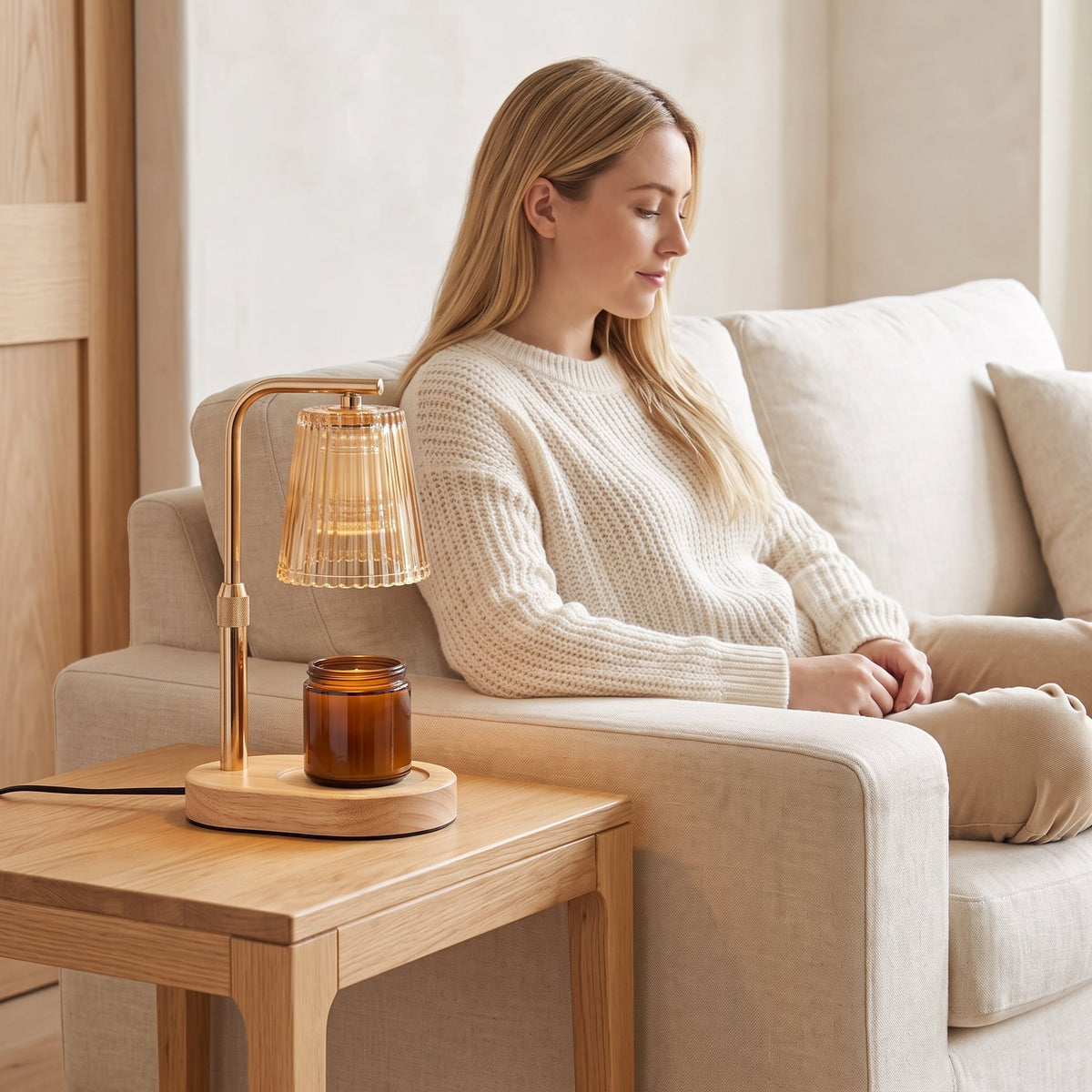 Woman relaxing on a sofa beside an Ambra amber ribbed glass candle warmer lamp on a wooden side table