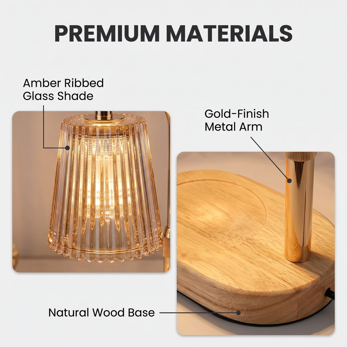 Ambra candle warmer lamp materials: amber ribbed glass shade, gold-finish metal arm and natural wood base