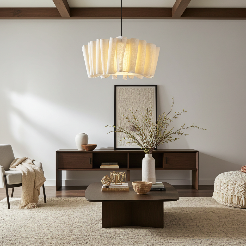 Japanese fabric aqer chandelier complementing a sleek, modern minimalist sideboard and decor