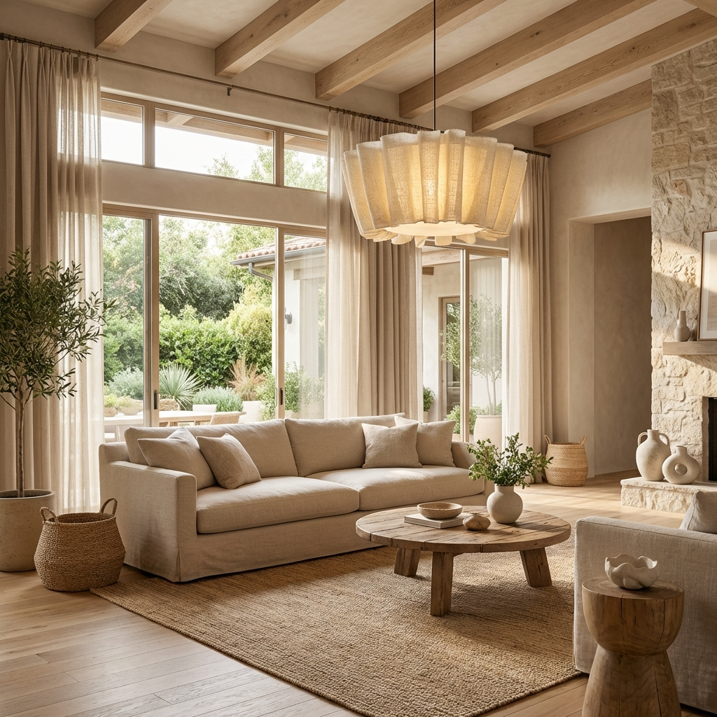 Organic minimalist pleated aqer pendant light serving as a focal point in a relaxing lounge