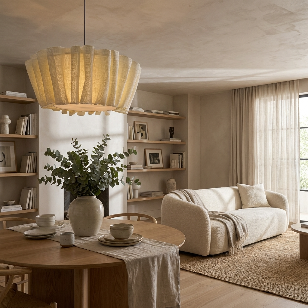 Tiered pleated fabric aqer pendant light illuminating a minimalist dining area and wooden table