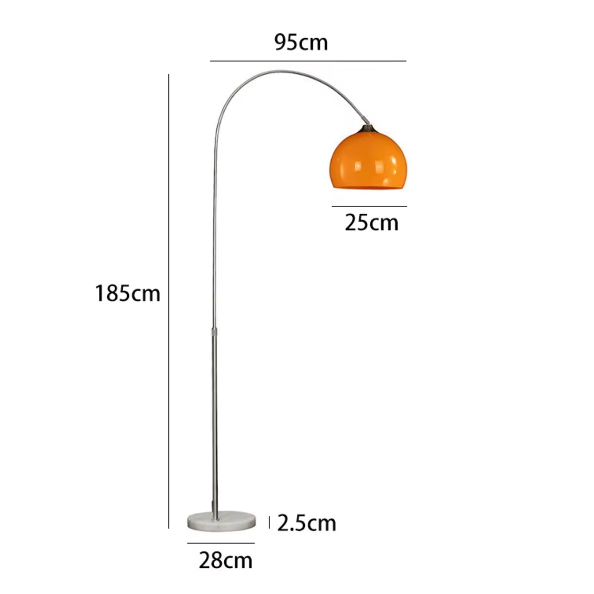 Ardo arc floor lamp dimensions diagram showing 185cm height, 95cm arm reach, 25cm shade width and a 28cm wide base 2.5cm thick