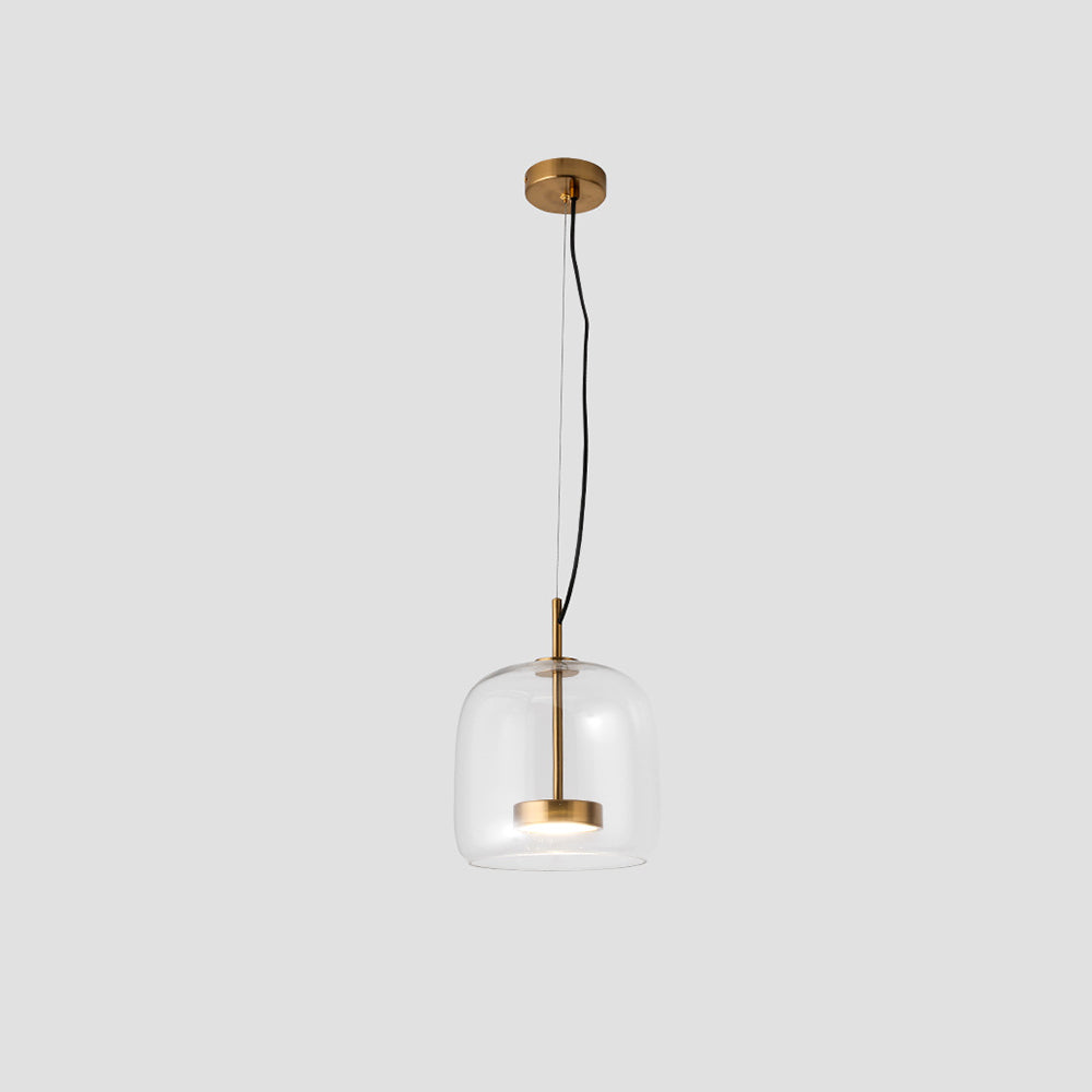 Clear glass double-layer cylinder beqi pendant light isolated against a light grey background