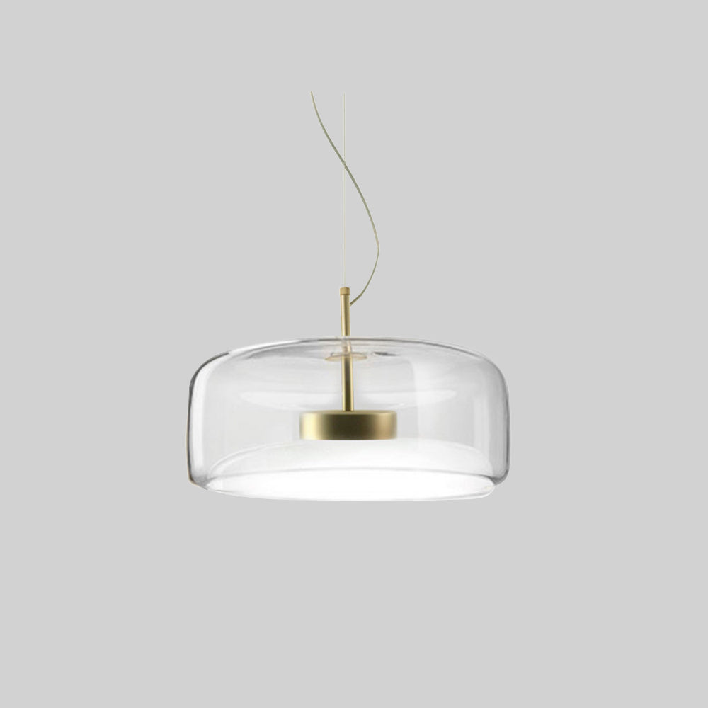 Wide clear glass contemporary beqi pendant light featuring a translucent double-layer design
