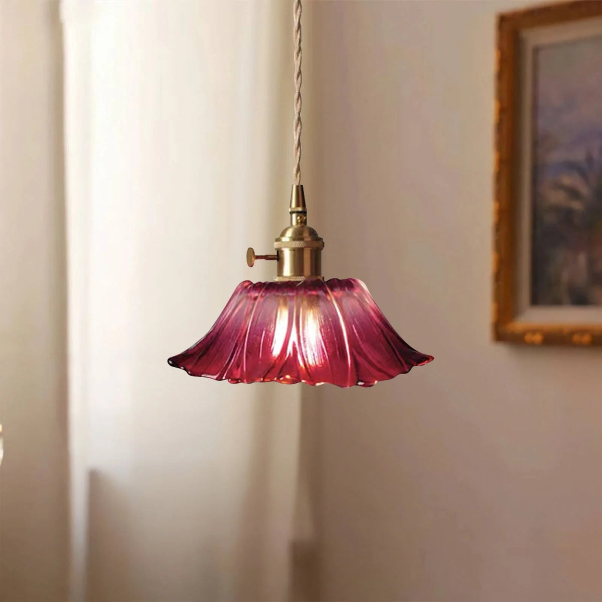 Purple bila vintage glass ceiling lamp highlighting its romantic, lotus-inspired silhouette