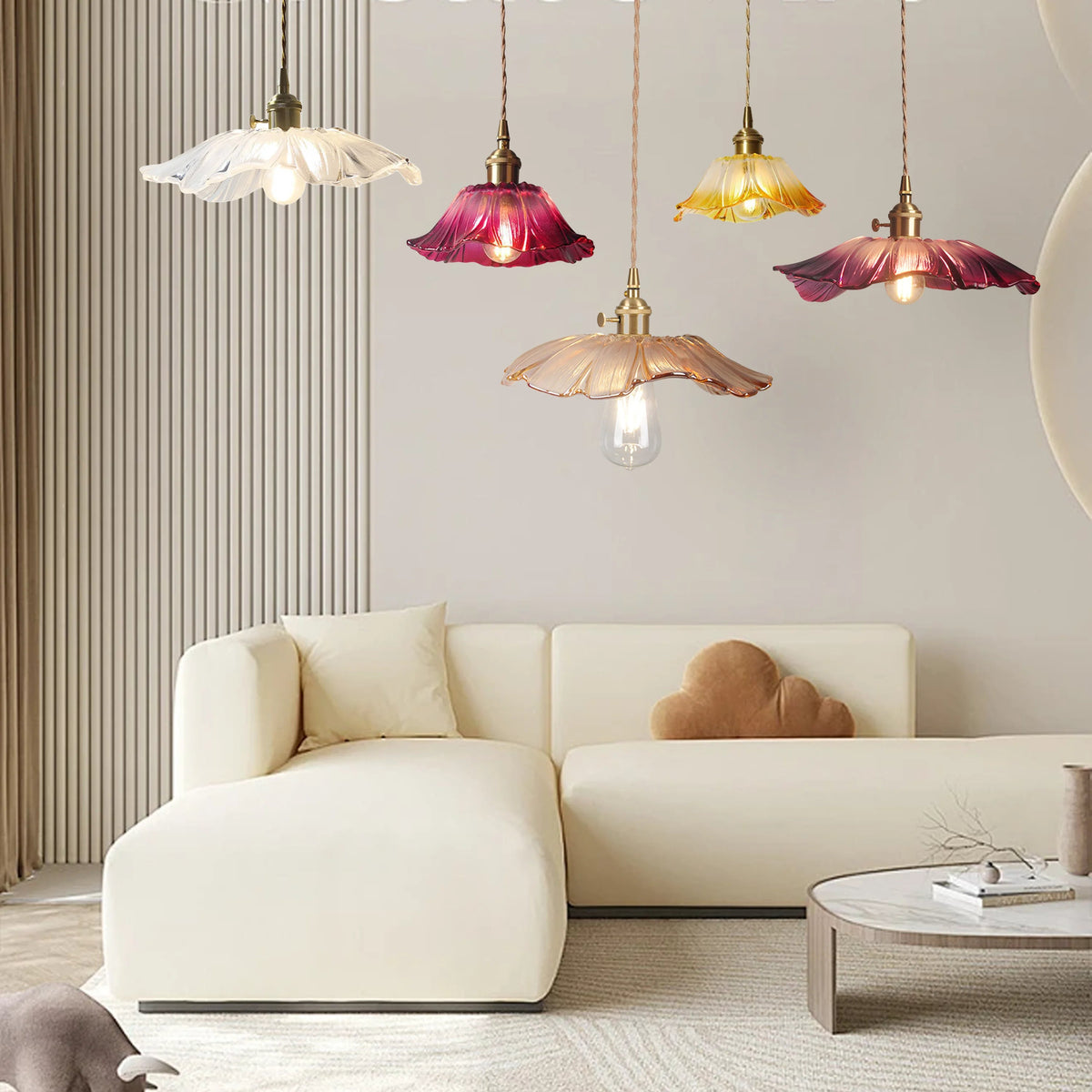 Multiple vintage glass dome bila chandeliers adding a romantic glow to a contemporary living room