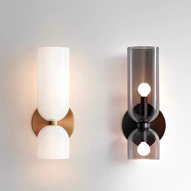 Side-by-side comparison of the opaque white and translucent grey double-head glass bitlat wall sconces