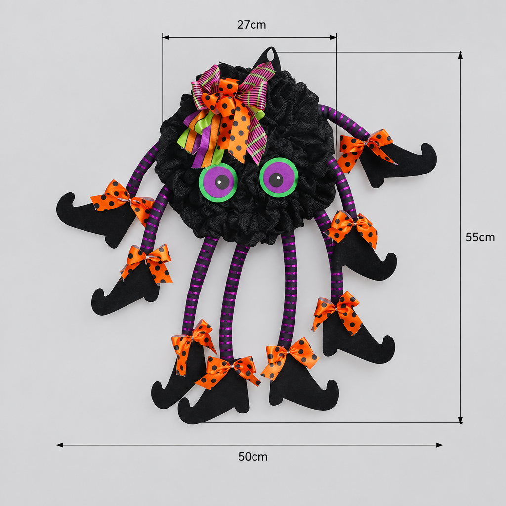 Bramblewit witch spider legs wreath dimensions, 55cm tall x 50cm wide, 8 witch-boot legs