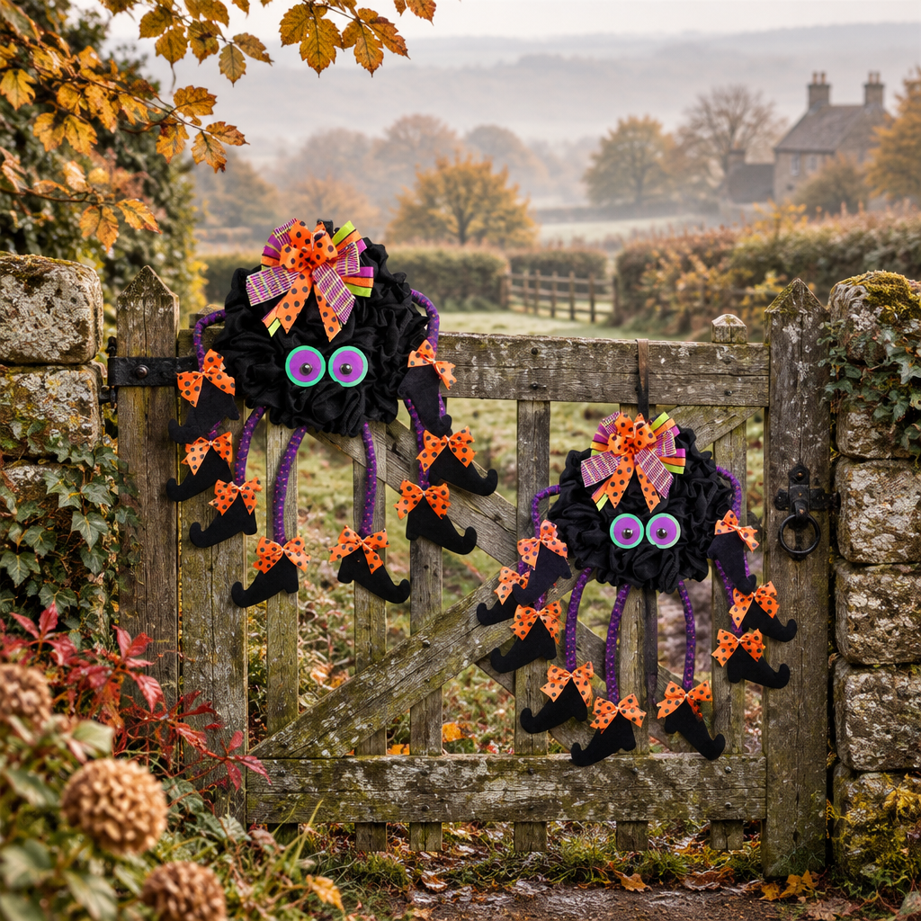 Bramblewit witch spider legs wreath with googly eyes on an English garden gate in the countryside
