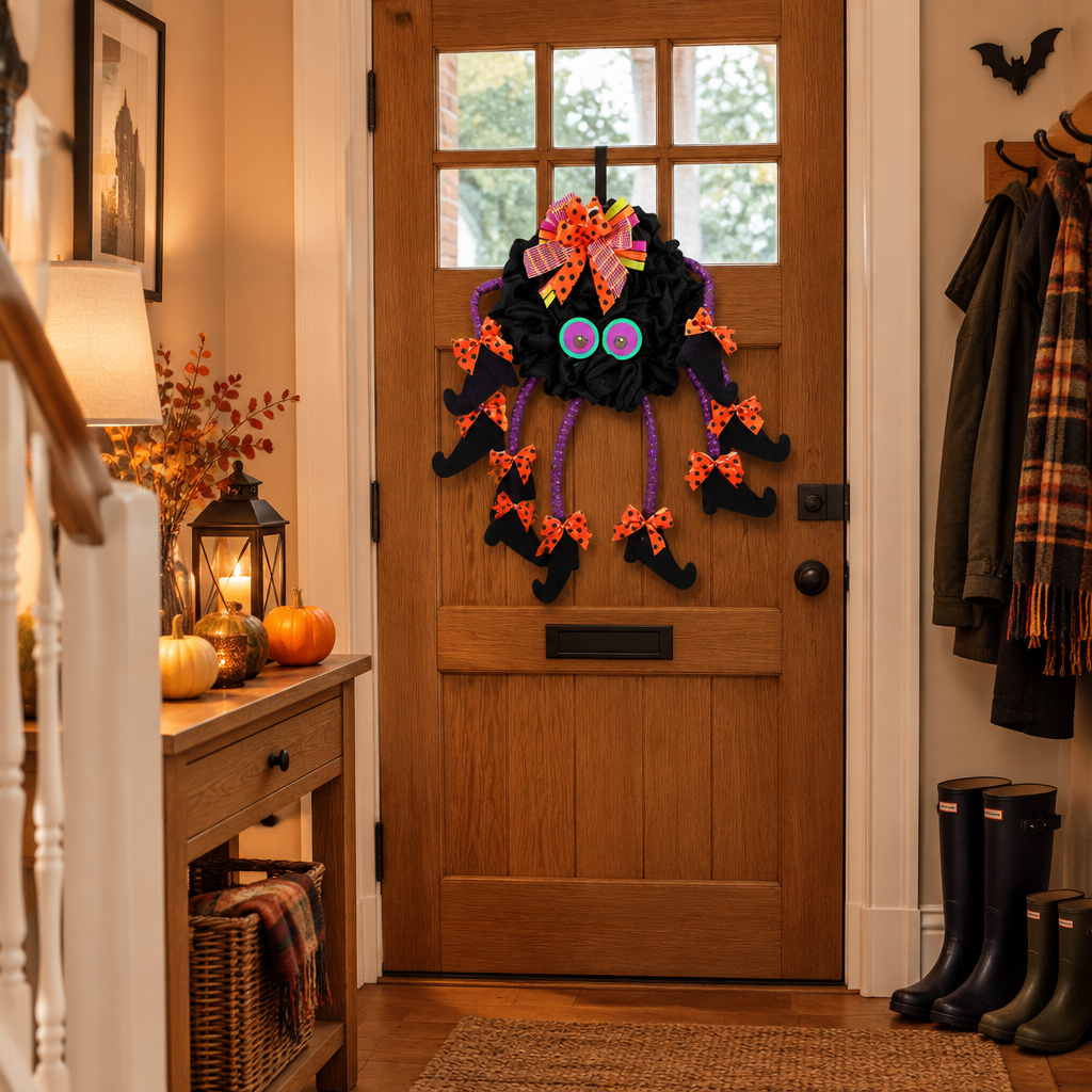 Bramblewit witch spider legs wreath with googly eyes hanging inside a British hallway front door