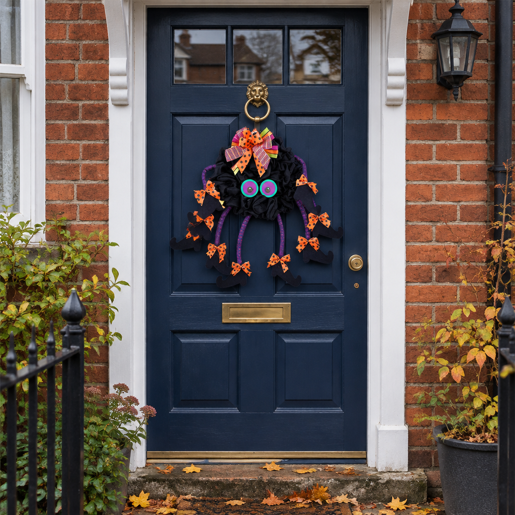 Bramblewit witch spider legs wreath with googly eyes on a navy blue British terraced house front door