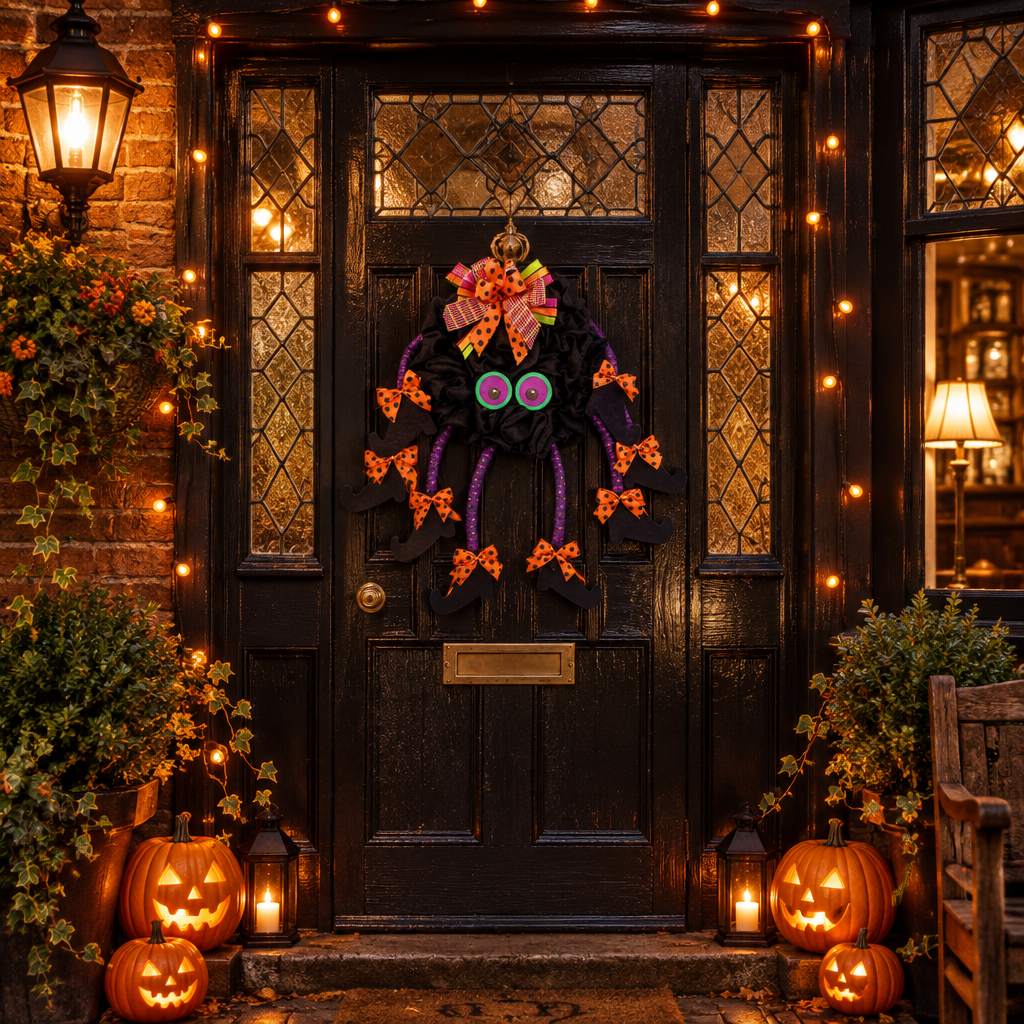 Bramblewit witch spider legs wreath with googly eyes on a British pub-style front door at night