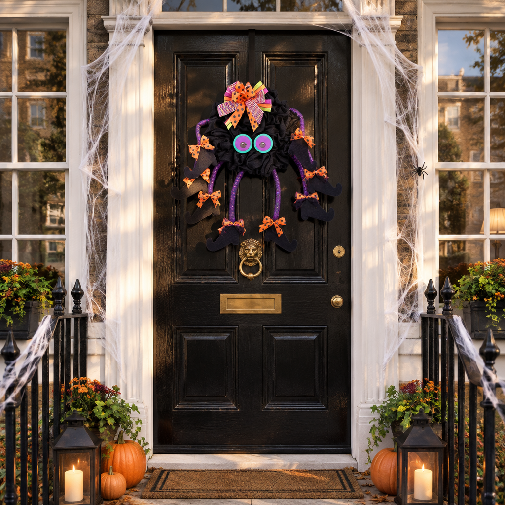 Bramblewit witch spider legs wreath with googly eyes on a Victorian British townhouse black front door
