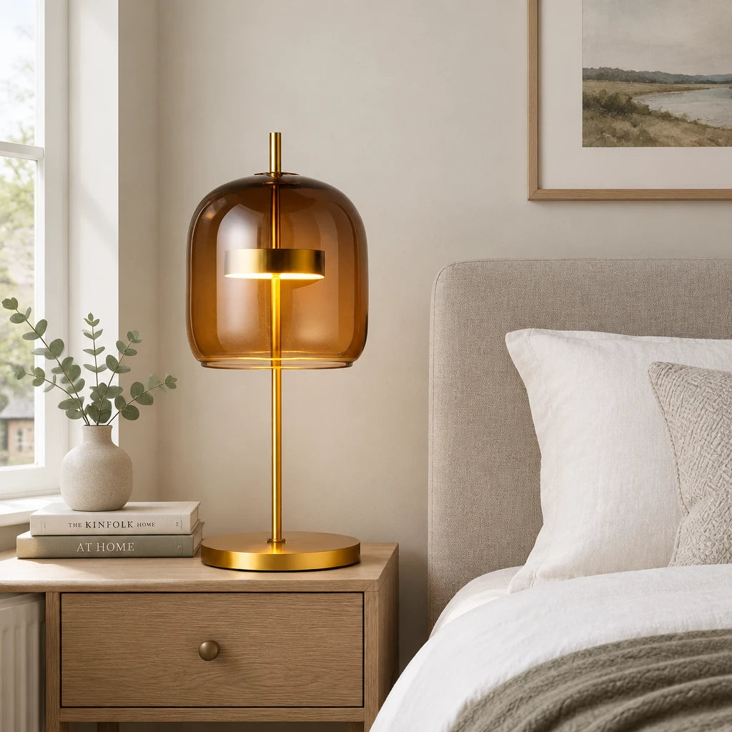 Brolt Amber glass table lamp on a bedside nightstand next to a bed in a modern British minimalist bedroom