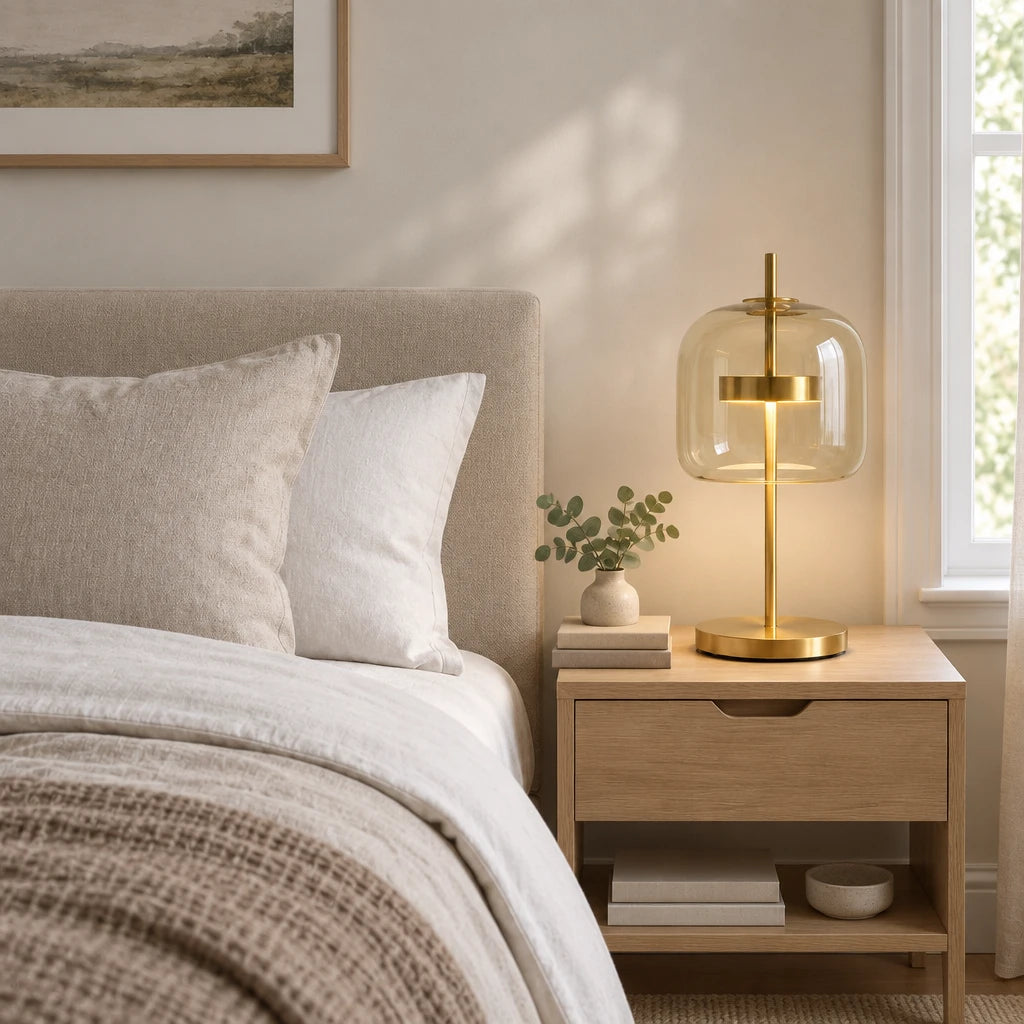 Brolt table lamp with gold-finish iron base on a bedside nightstand in a modern British minimalist bedroom