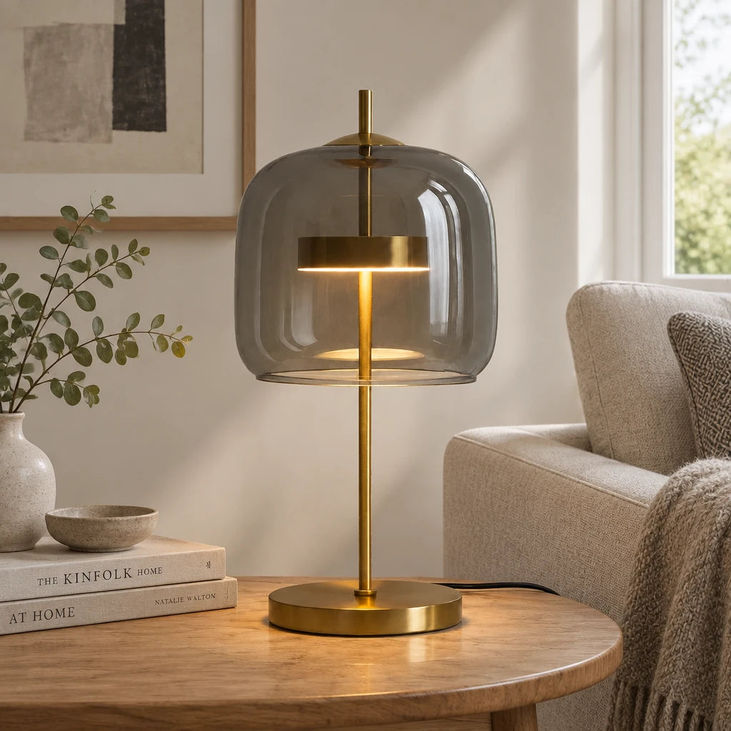 Brolt Smoke Grey glass table lamp with gold-finish iron base on a coffee table in a modern British minimalist living room