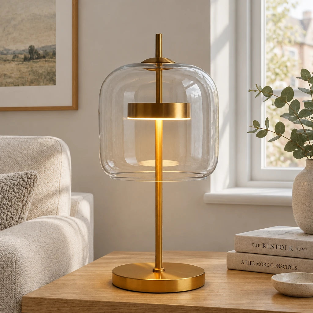 Brolt Transparent glass table lamp with gold-finish iron base on a side table in a modern British minimalist living room