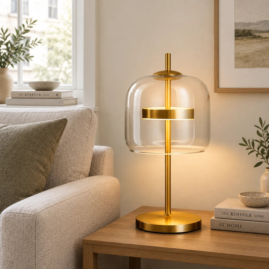 Brolt Transparent glass table lamp on a side table beside a sofa in a modern British minimalist living room