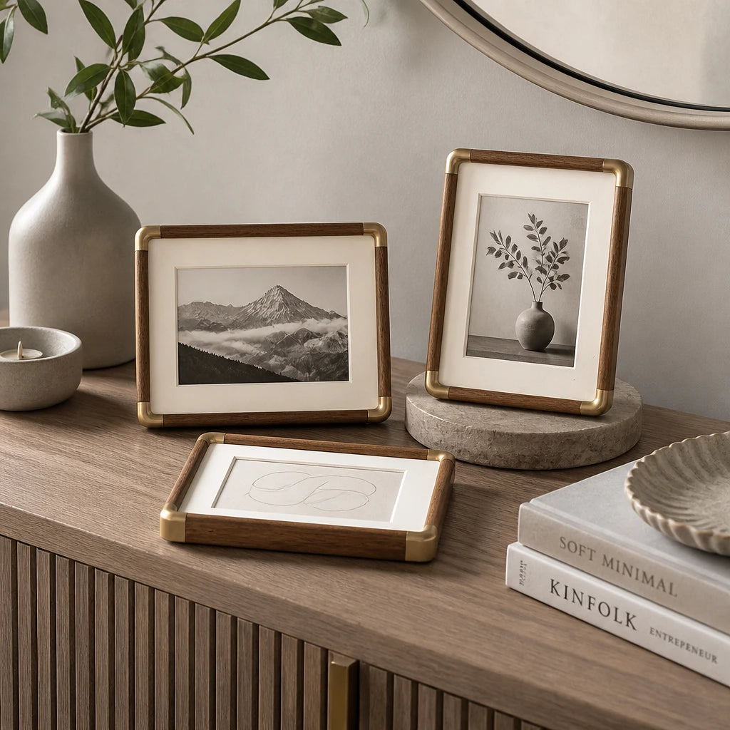 Brove vintage wood tabletop photo frame with brass corner design, product photo 2