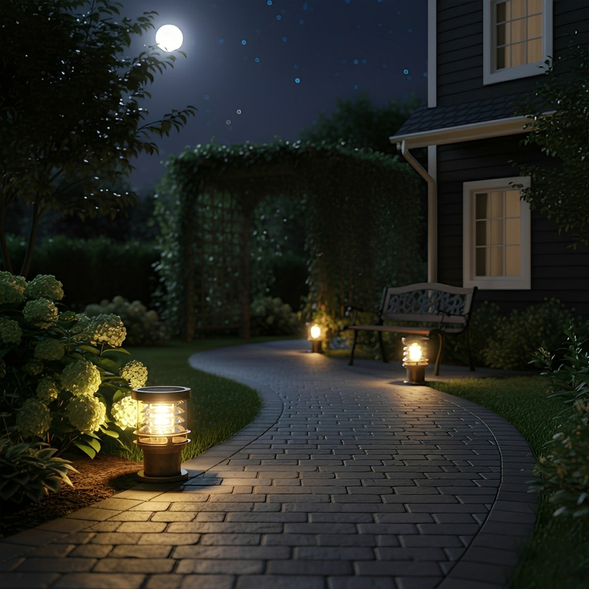 bulba bronze bollard lamp illuminating a curved brick garden pathway under the moonlight