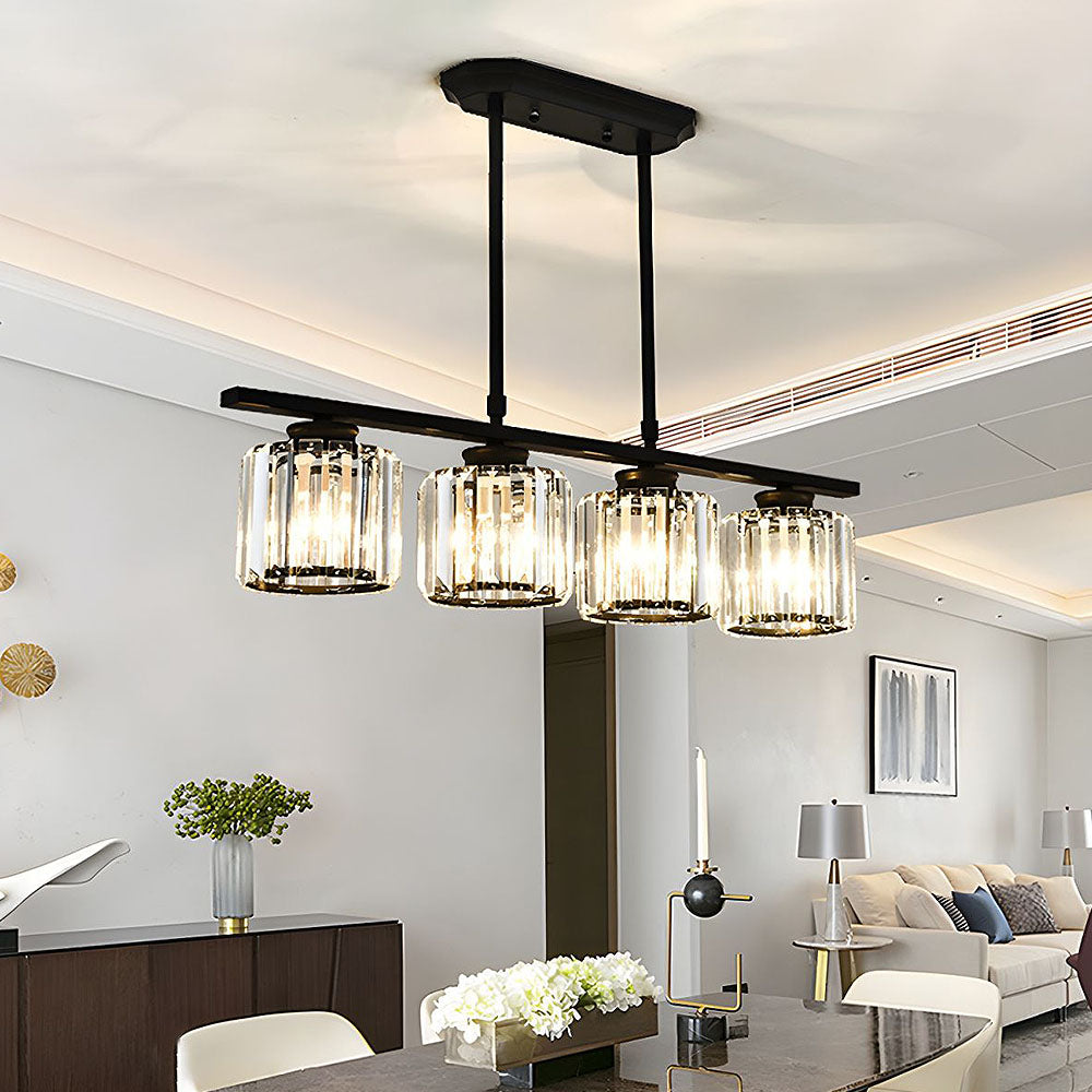 Black 4-light round ribbed glass butel pendant light suspended in a contemporary lounge