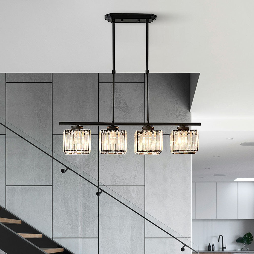 Black 4-light linear butel pendant with round ribbed glass shades installed near a modern staircase