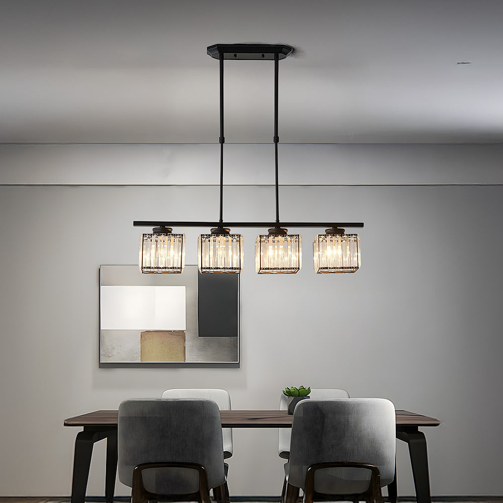 Black 4-light square ribbed glass butel pendant illuminating a minimalist grey dining room