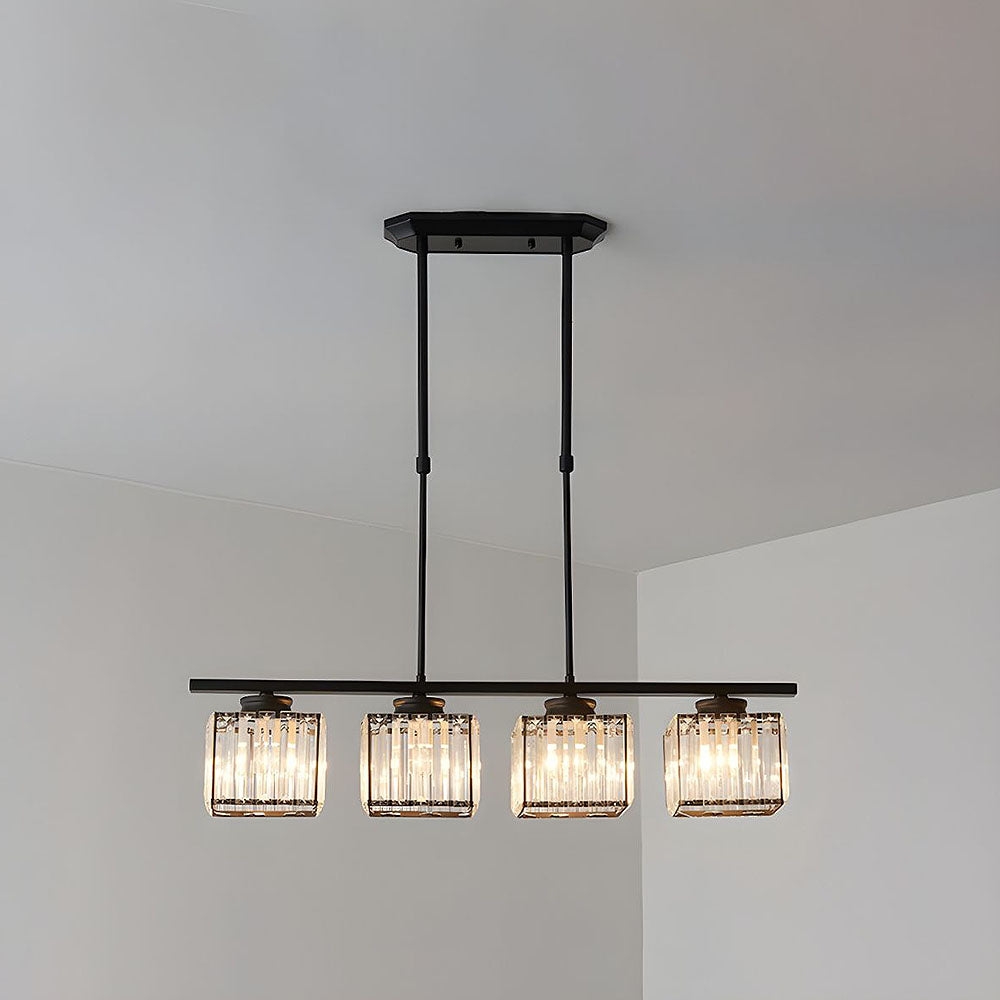 Black 4-light square ribbed glass butel pendant light isolated against a light grey ceiling