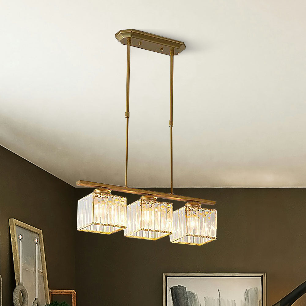 Gold 3-light square ribbed glass butel pendant providing striking contrast against a dark brown wall