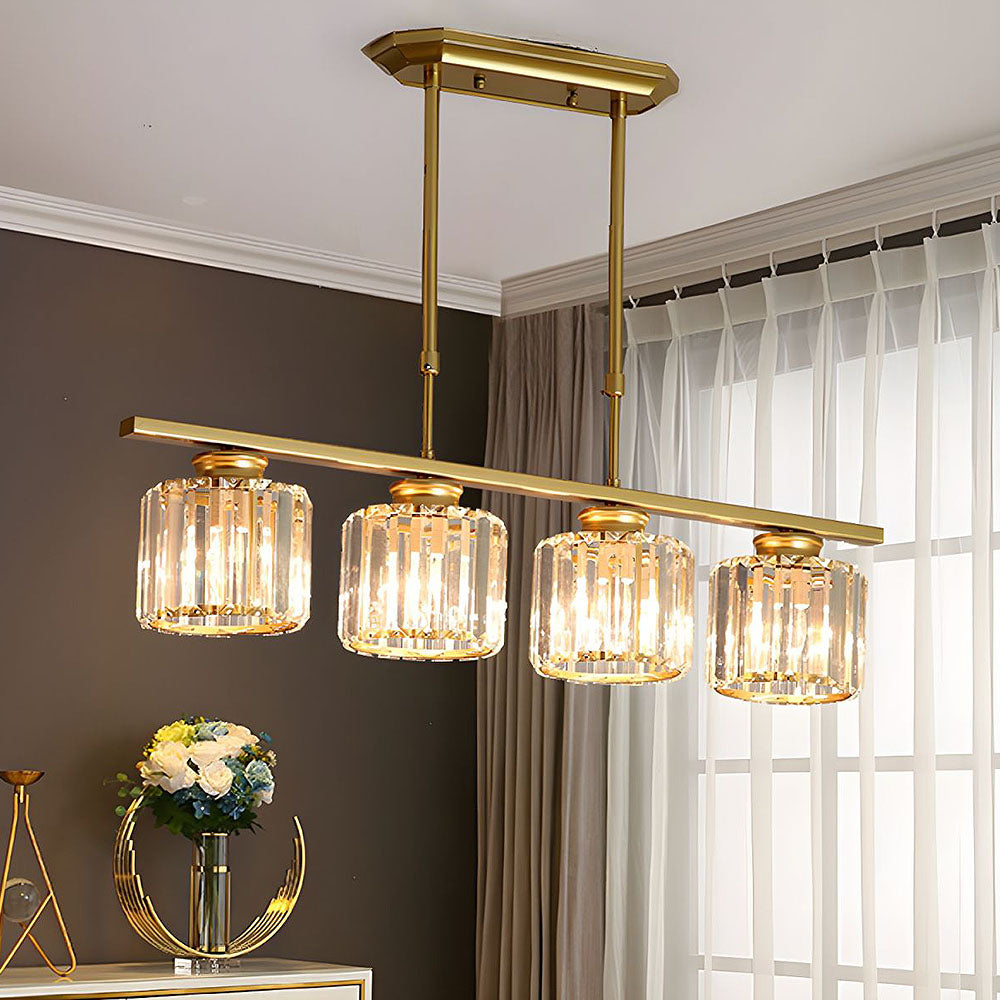 Elegant gold 4-light round ribbed glass butel pendant light glowing warmly near draped curtains