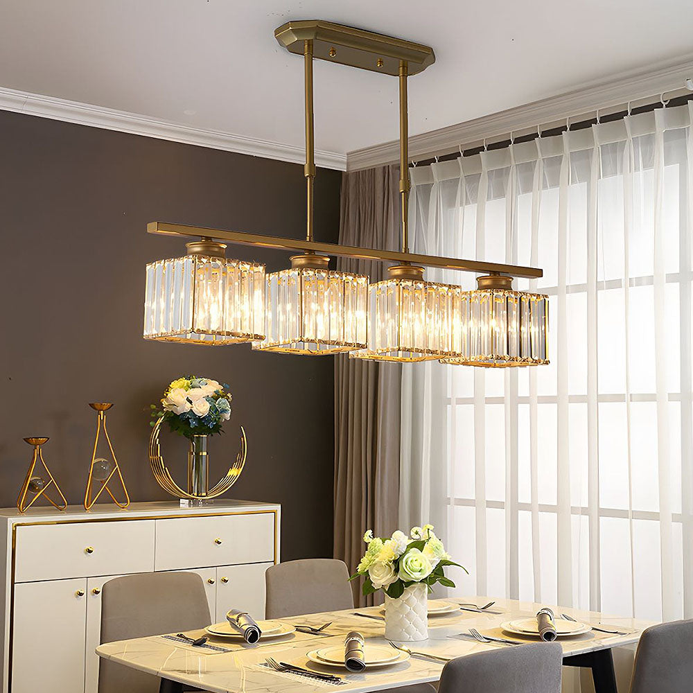 Gold 4-light square ribbed glass butel chandelier illuminating a classic dining room setting
