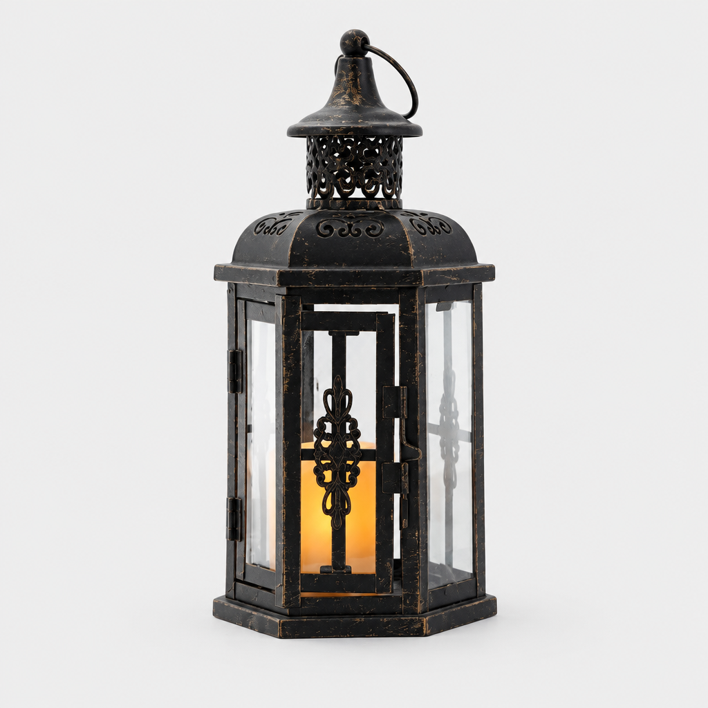 Cathedral vintage hexagonal glass candle lantern in distressed black finish, studio hero shot