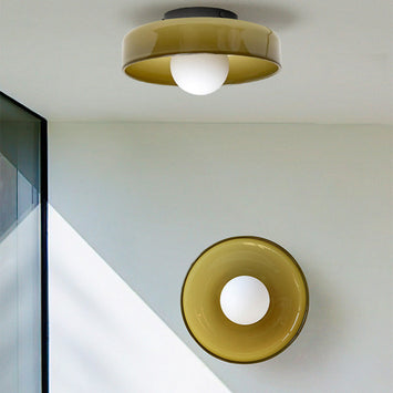 Modern olive green glass semi-flush mount cenas ceiling light with a central opal globe