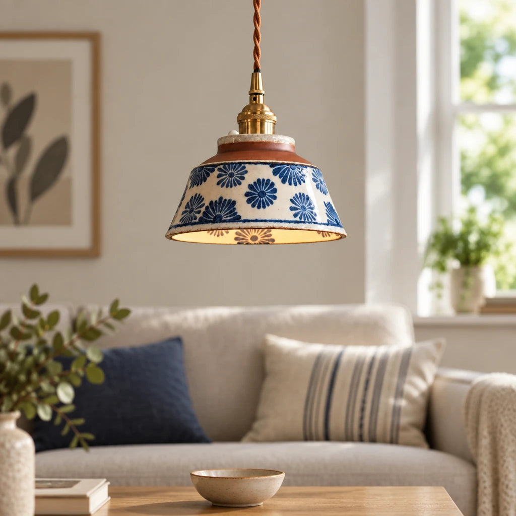 Cend Blue Daisy hand-painted ceramic pendant light, centered, in a modern British minimalist living room