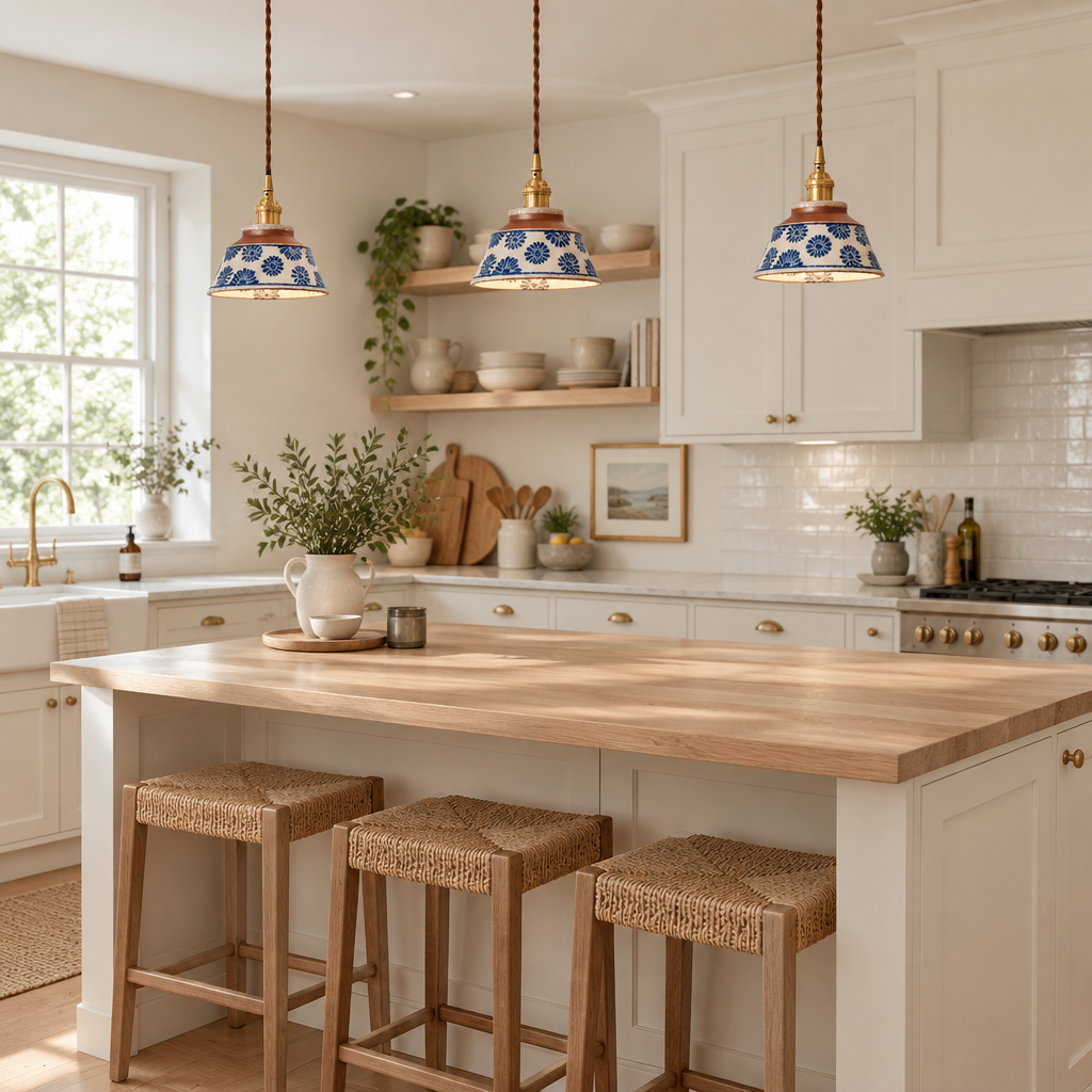 Three Cend Blue Daisy hand-painted ceramic pendant lights above a kitchen island in a modern British minimalist Shaker kitchen