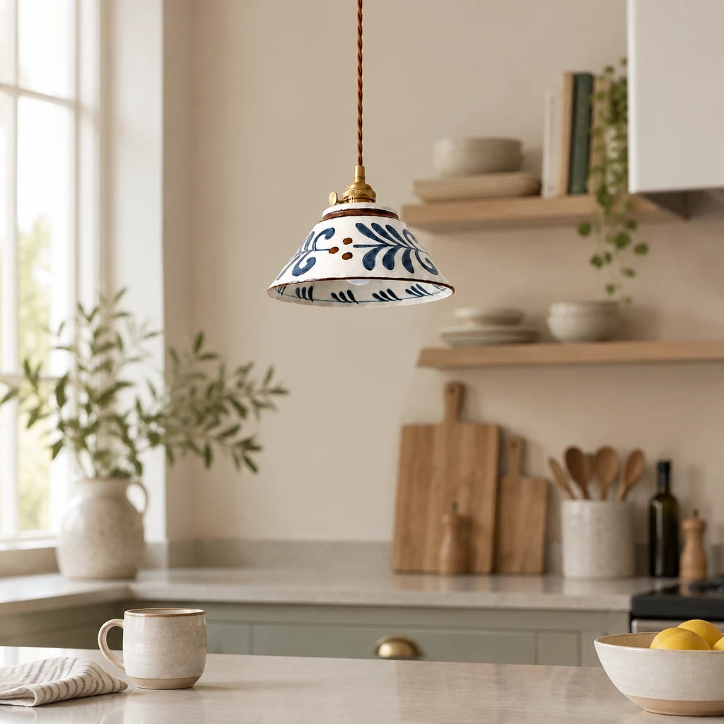 Cend Blue Berry hand-painted ceramic pendant light with blue leaf and berry motif, centered, in a modern British minimalist kitchen